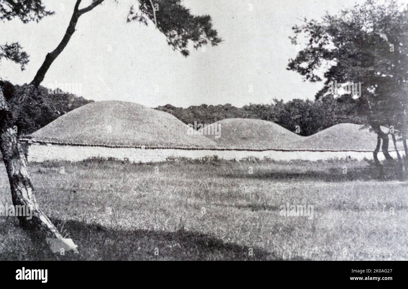 Ce groupe de mausolées comprend le roi Sijo (1st roi de Silla) et la reine Al-Young, le roi Namhae (2nd roi de Silla), le roi Yuri (3rd roi de Silla) et les tombes du roi Pasa (5th roi de Silla). À partir de l'époque des trois royaumes de Corée (57 BCE - 668) Banque D'Images