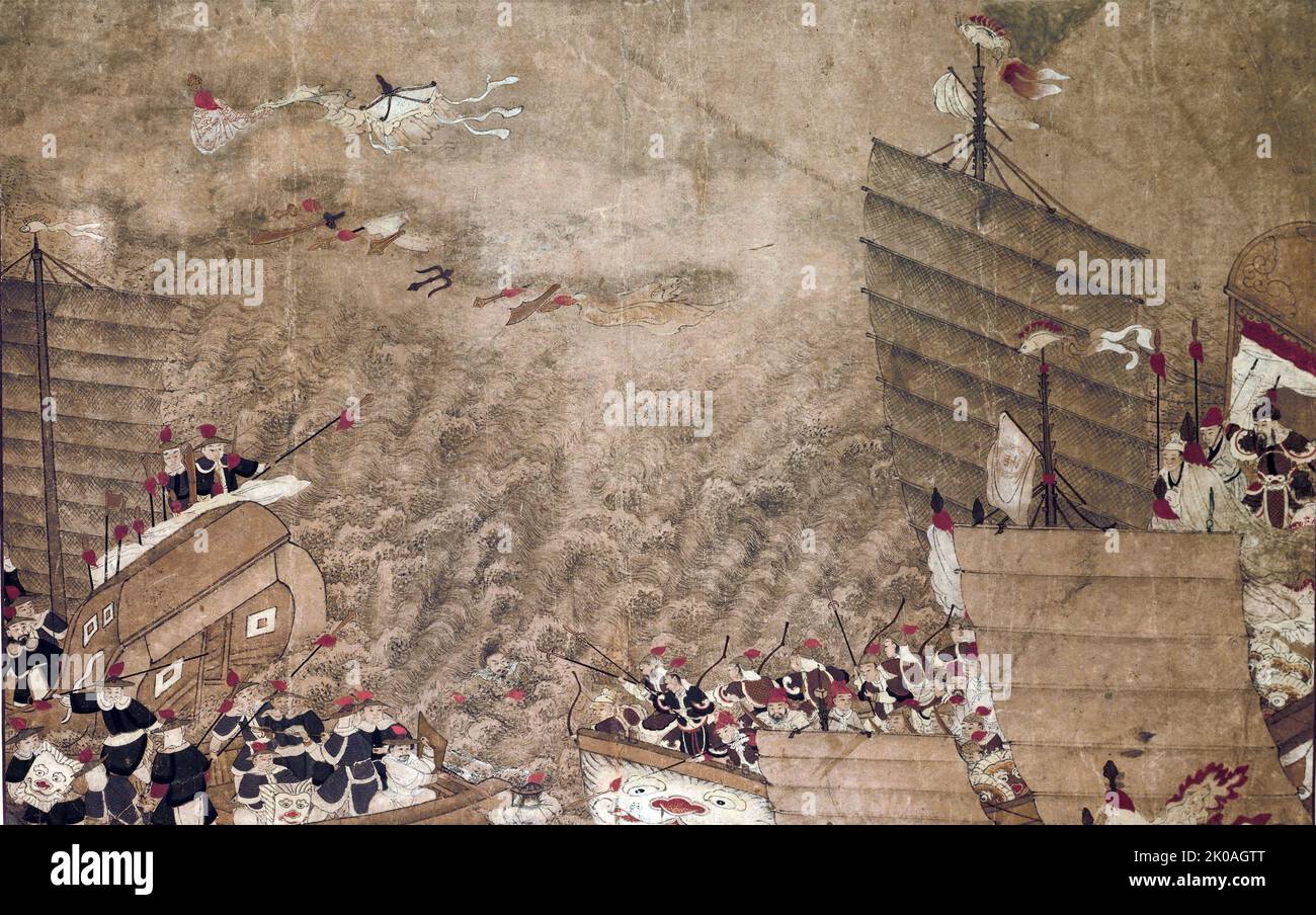 Un tableau chinois datant de 18th ans illustrant une bataille navale entre les pirates du wokou et les Chinois. Wokou (??), 'pirates japonais' ou 'pirates de guerre', étaient des pirates qui ont raillé les côtes de la Chine et de la Corée du 13th au 16th siècle. Le wokou est venu d'origines japonaises, coréennes et chinoises qui ont varié au fil du temps et ont fait des descentes sur le continent à partir d'îles de la mer du Japon et de la mer de Chine orientale. L'activité de Wokou en Corée a diminué après le Traité de Gyehae en 1443, mais s'est poursuivie en Chine Ming et a culminé pendant les raids de Jiajing wokou au milieu de 1500s. Banque D'Images