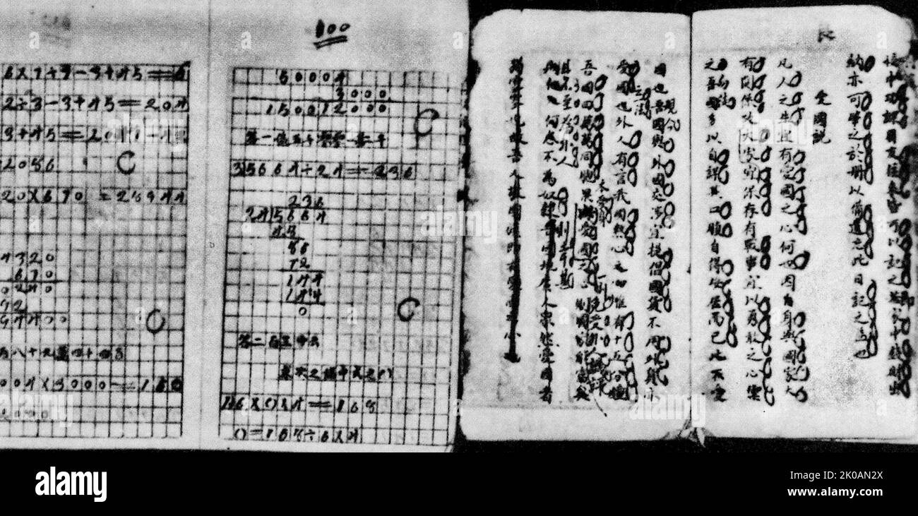 La composition et les devoirs arithmétiques de REN Bishi à l'école primaire. Lorsqu'il avait environ dix ans, il écrivait dans la composition 'elf-Reliance': 'Les gens dans le monde considèrent l'autonomie comme la chose la plus importante. Si les 40 millions de compatriotes de notre pays veulent protéger le pays, ils doivent être autonomes. Dans 'The Talk of Harmony', il a également écrit: 'Si vous voulez vivre une vie normale, vous devez aussi avoir un coeur patriotique,' 'la Chine a 40 millions de compatriotes, mais les petits pays continuent de gagner contre la Chine. Le problème est qu'il ne peut pas être grégaire. Banque D'Images
