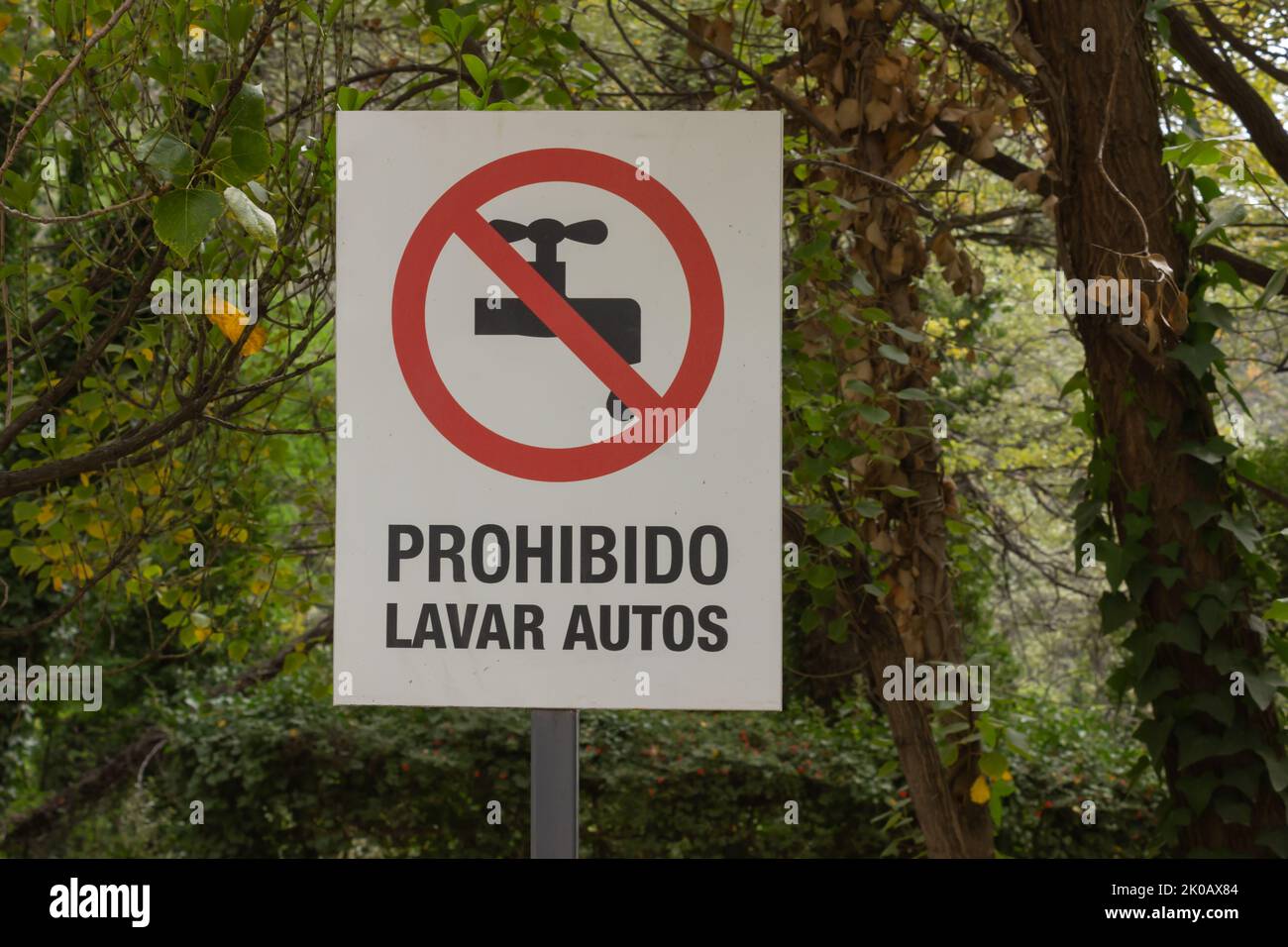Signe en espagnol indiquant: Interdit de laver les voitures. Banque D'Images