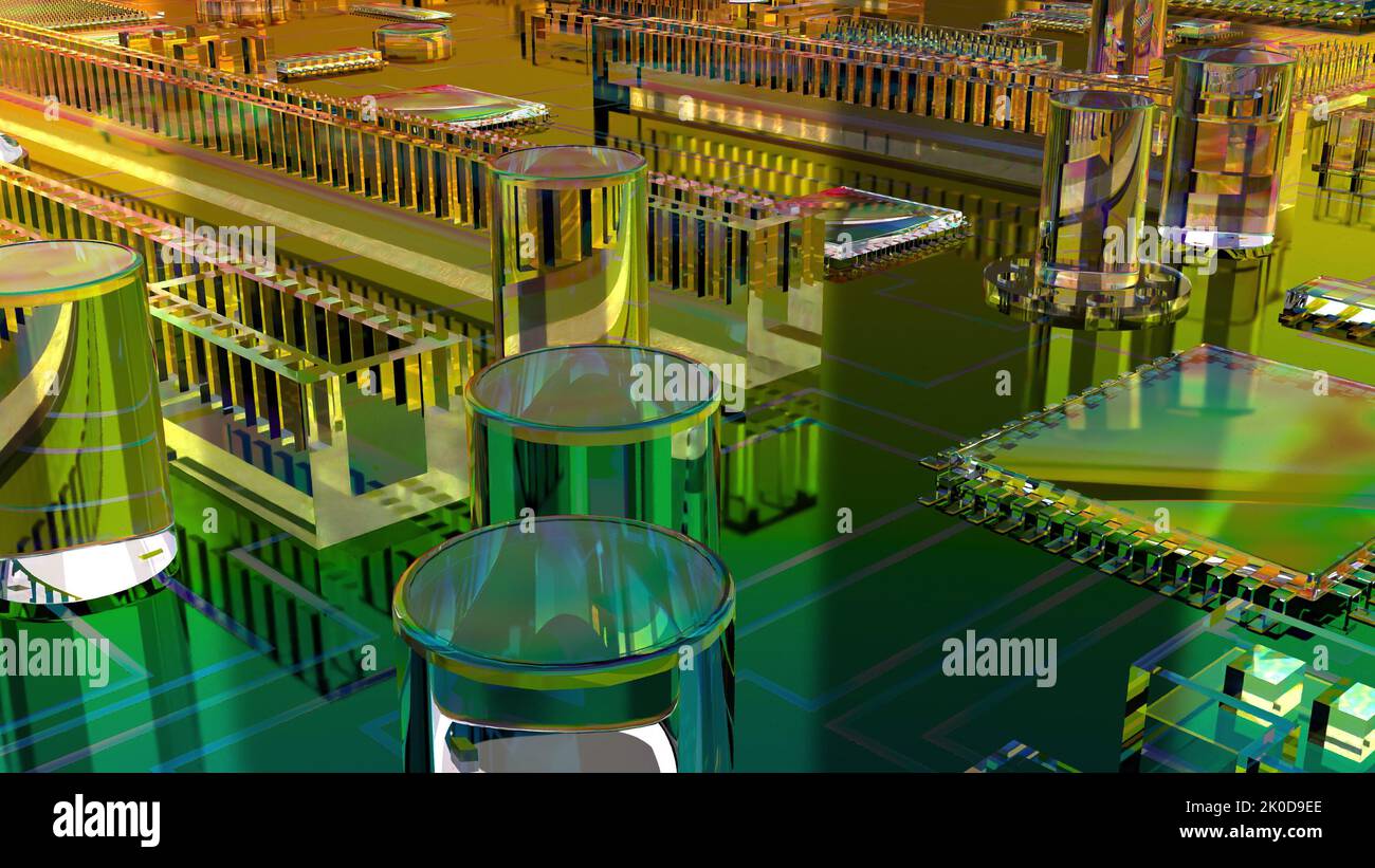 Carte de circuit imprimé de l'uc de la puce d'ordinateur. Technologie de l'information concept 3D style 3D rendu Banque D'Images