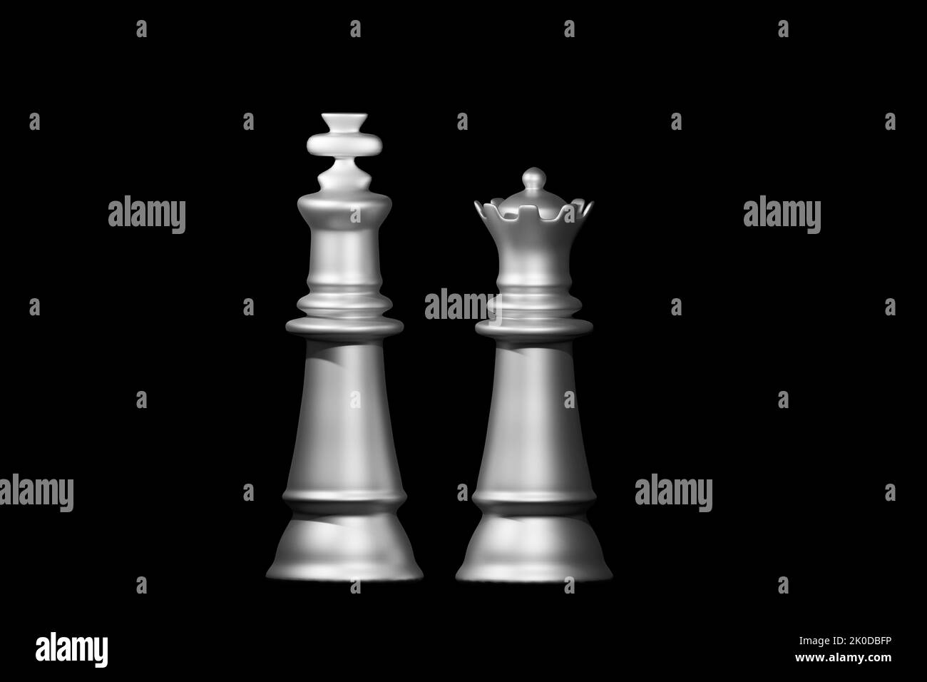 Roi et reine d'échecs isolés sur fond noir. 3D rendu de l'illustration. Banque D'Images