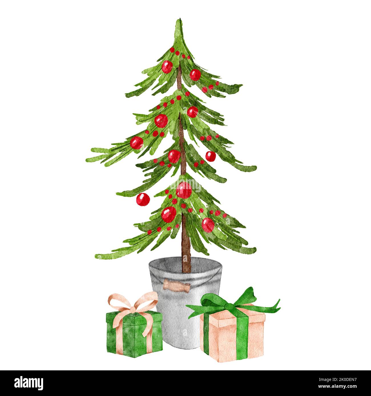Aquarelle pin de Noël dessiné à la main avec des ornements rouges mignon présente cadeaux boîtes dans des contenants scandinaves gris, seau en métal. Hiver vacances sapin épicéa design dans le style nordique minimaliste intérieur confortable style tendance Banque D'Images