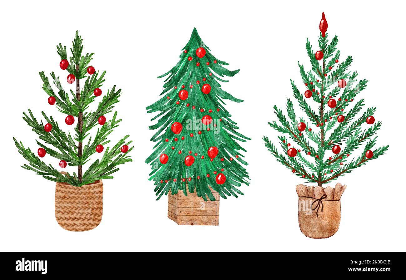 Aquarelle pins de Noël dessinés à la main avec ornements rouges dans des contenants scandinaves beige bruns, panier caisse en bois. Hiver vacances sapin épicéa design dans le style nordique minimaliste intérieur confortable style tendance Banque D'Images