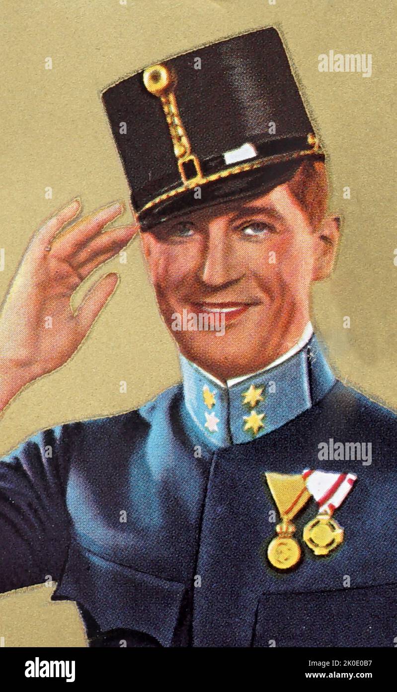 Photo en couleur de Maurice Auguste Chevalier (1888 - 1972) chanteur, acteur et animateur français. Ruth Chatterton (24 décembre 1892 - 24 novembre 1961) était une actrice américaine de scène, de film et de télévision, aviatrix et romancière. Banque D'Images