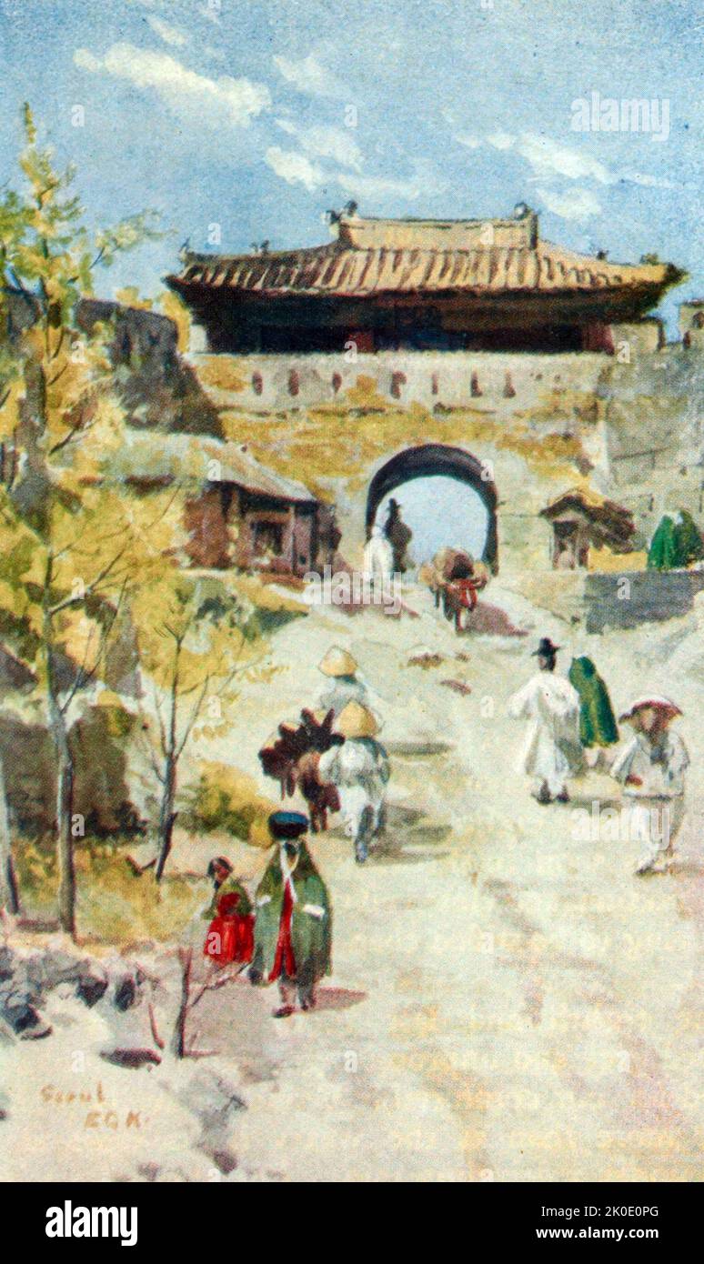 Porte nord-est d'Hyehwamun, l'une des huit portes de Séoul dans le mur de la forteresse de Séoul, en Corée du Sud, qui a entouré la ville dans la dynastie Joseon. La porte est également connue sous le nom de Dongsomun, East Small Gate, 1880. Banque D'Images