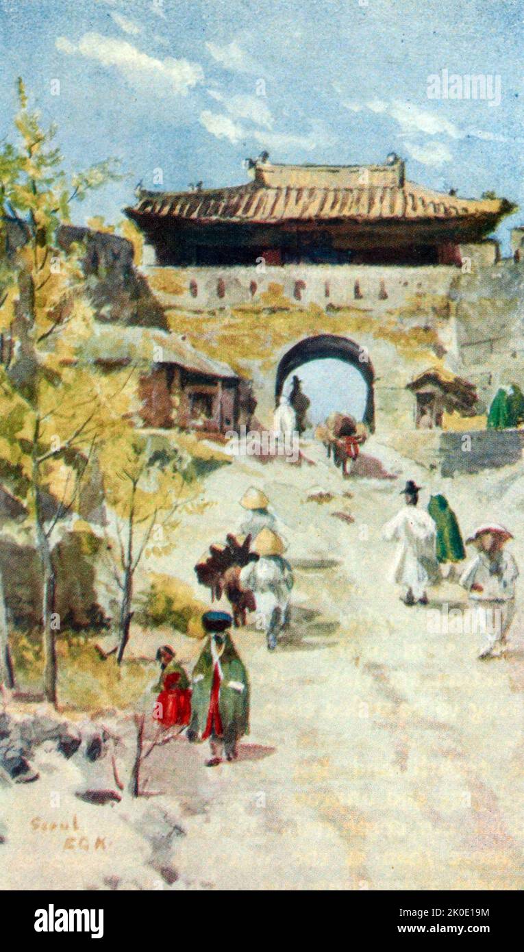 Porte du Nord, Séoul. Illustration colorée dans le manuel. Les huit portes de Séoul sont huit portes historiques qui étaient situées dans le mur de la forteresse de Séoul, en Corée du Sud, qui a entouré la ville dans la dynastie Joseon. Six de ces portes existent aujourd'hui (2018). Les huit portes ont été construites à l'origine entre 1396 et 1398. Banque D'Images