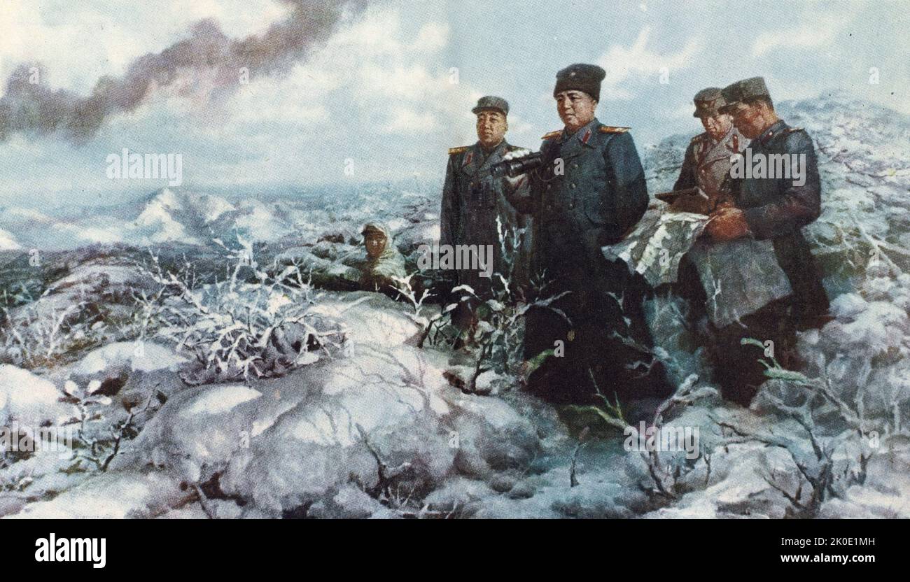 Peinture à l'huile montrant le chef nord-coréen, le maréchal Kim il-sung, inspectant les lignes de front pendant la guerre de Corée, 1950. Banque D'Images