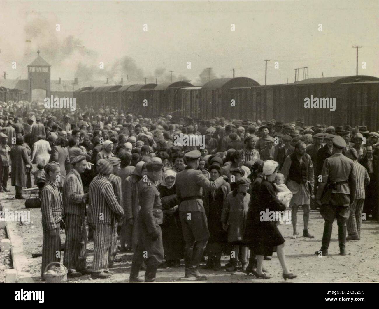 Sélection des Juifs hongrois sur la rampe d'Auschwitz-II-Birkenau, en Pologne occupée par l'Allemagne, mai/juin 1944, pendant la phase finale de l'Holocauste. Les Juifs ont été envoyés au travail ou à la chambre à gaz. Banque D'Images