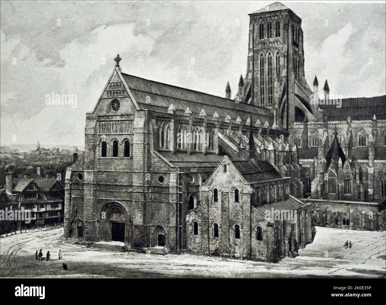 Old St Paul's, West End, montrant l'église St Gregory et la Maison du Chapitre. D'un modèle de John B Thorp au London Museum. John Thorpe ou Thorp (c.1565-1655) était un architecte anglais. Banque D'Images