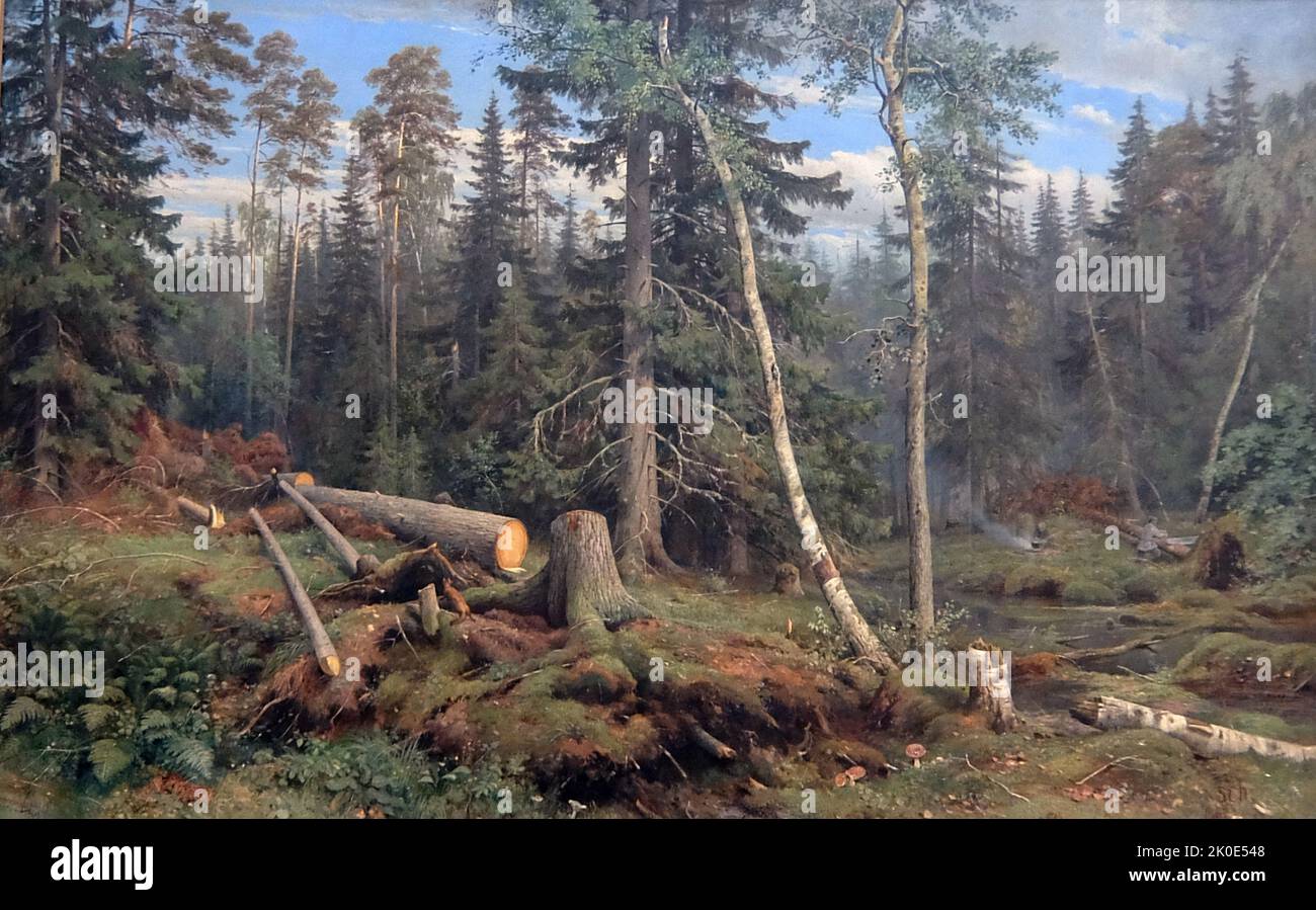 Abattage d'arbres par Ivan Ivanovich Shishkin (1832 - 1898), peintre de paysage russe étroitement associé au mouvement Peredvizhniki. Banque D'Images