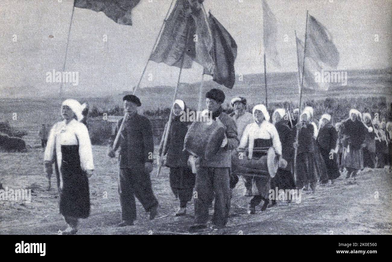 Les travailleurs agricoles participent à un exercice de formation du parti communiste, Corée du Nord 1962. Banque D'Images