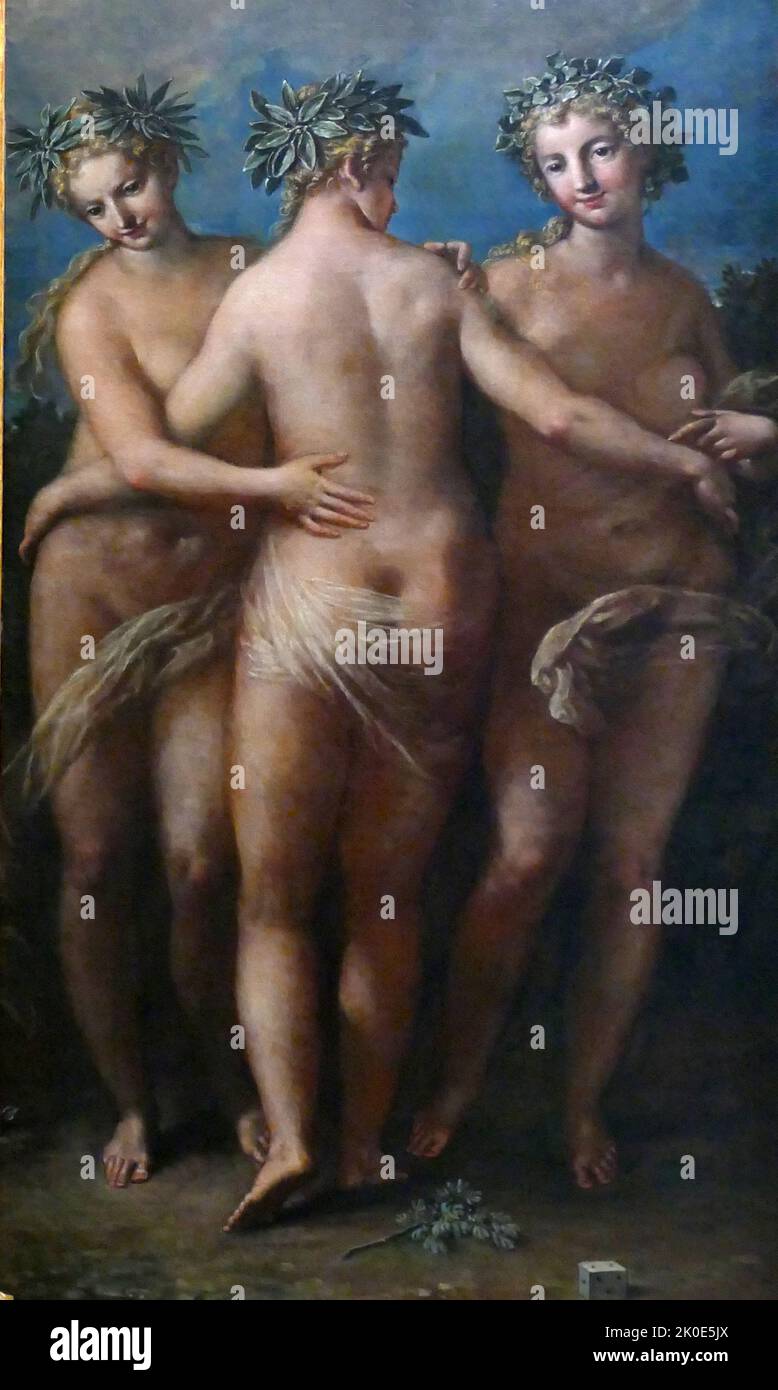 Les trois Grâces de Niccolo Bambini (1651-1736) est un peintre italien de la fin de la Renaissance et du début du Baroque. Les charites, connues dans la mythologie grecque comme les trois Grâces, étaient des déesses de charme, de beauté et de créativité. Banque D'Images