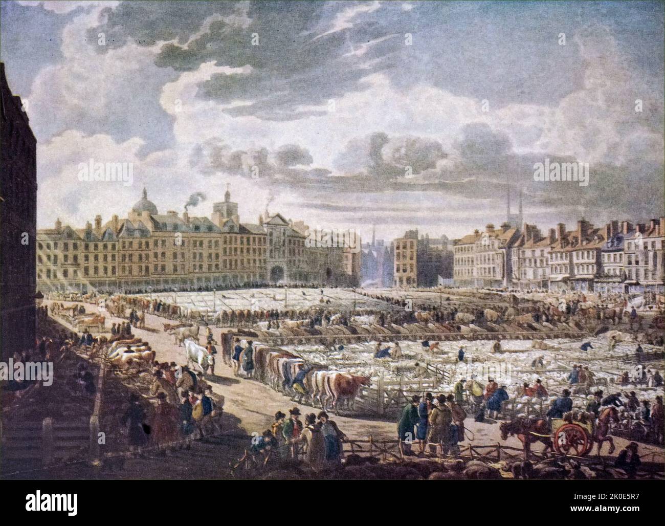 Aquatint de la fin du 18th siècle : vue d'oiseau sur le marché Smithfield. Après Thomas Rowlandson (1757-1827) et Auguste Charles Pugin (1768/69-1832). Banque D'Images