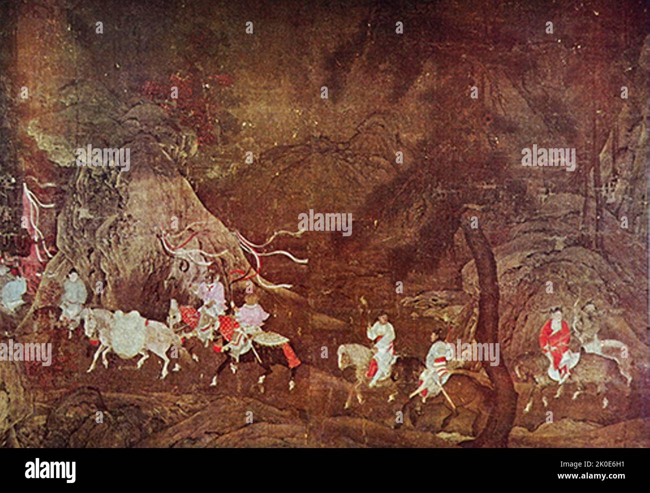 Voyage de l'empereur Minghuang à Shu, le cheval de hommage. Par un artiste anonyme de 12th-siècle. Détail d'un défilement vertical, de l'encre et des couleurs sur la soie. Peinture chinoise. Banque D'Images