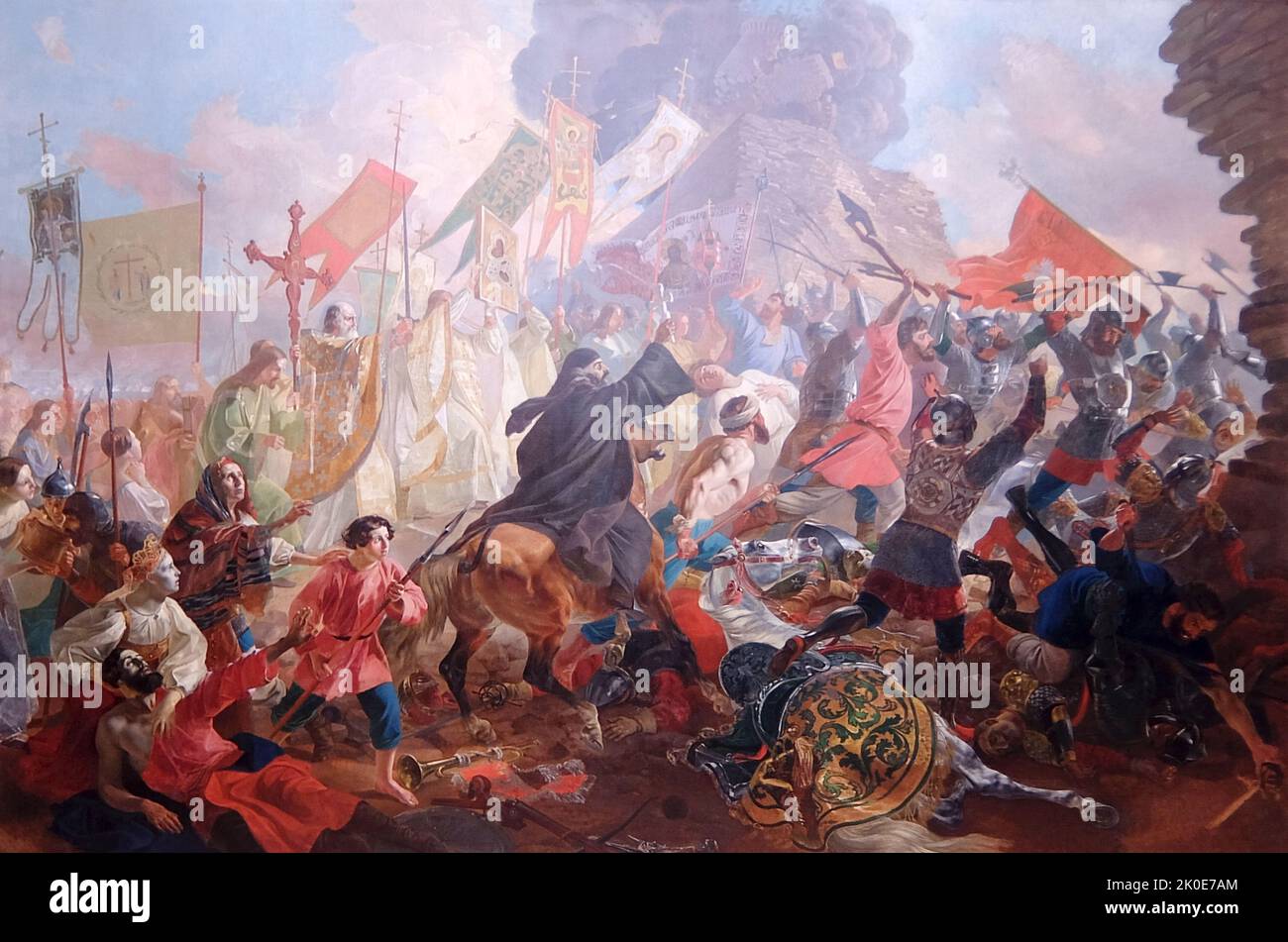 Siège de Pskov par le roi polonais Stefan Batory. 1843 peinture par Karl Bryullov (1799-1852). Le siège de Pskov, connu sous le nom de la défense Pskov en Russie, a eu lieu entre août 1581 et février 1582 pendant la dernière phase de la guerre Livonienne de 1558-1583. Banque D'Images