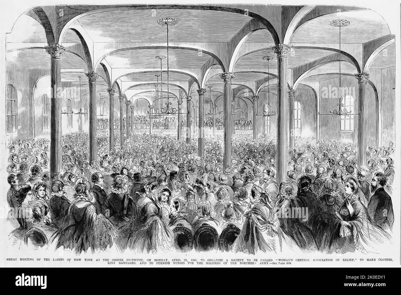 Grande rencontre des dames de New York à l'Institut Cooper, sur 29 avril 1861, pour organiser une société qui s'appelleront "Association centrale des femmes de secours", pour fabriquer des vêtements, des bandages à peluches, et pour fournir des infirmières aux soldats de l'Armée du Nord. Illustration de la guerre de Sécession américaine du 19th siècle tirée du journal illustré de Frank Leslie Banque D'Images