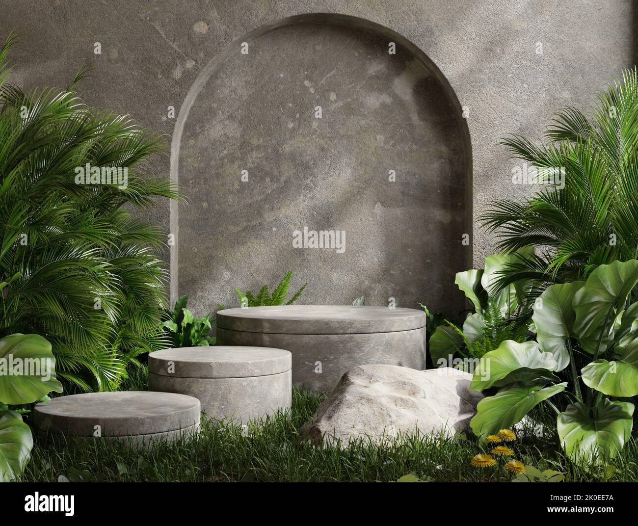 Plate-forme en béton dans la forêt tropicale pour la présentation des produits et le rendu de mur de ciment.3D Banque D'Images