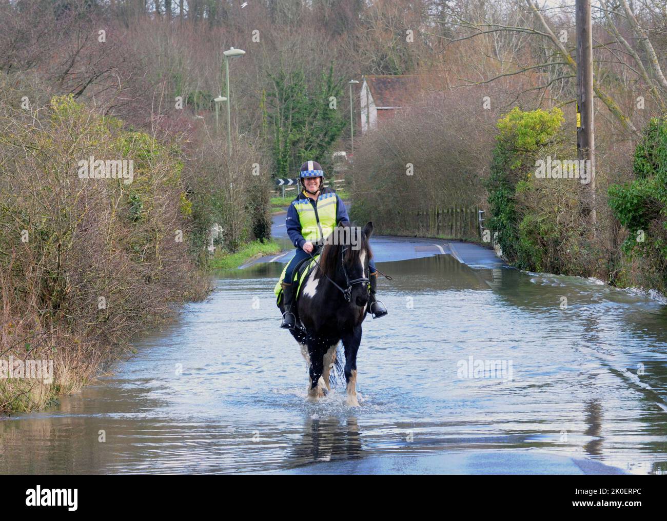 UN CHEVAL ET UN CAVALIER TRAVERSENT UNE ROUTE INONDÉE À TITCHFIELD HANTS OÙ LA RIVIÈRE MEON A ÉCLATÉ SES RIVES PIC MIKE WALKER,2014 MIKE WALKER IMAGES Banque D'Images