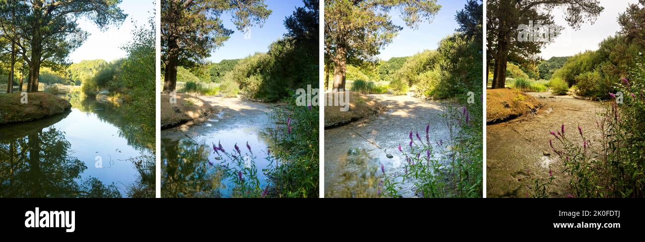 Séquence montrant l'effet de la sécheresse en juillet et août 2022 sur le lac ornemental de Southampton Common Banque D'Images