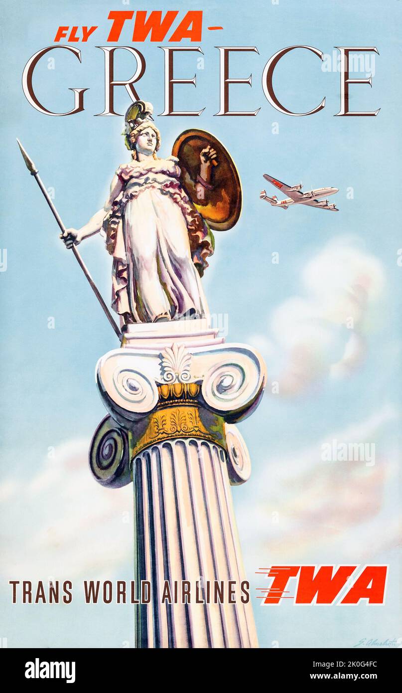 TWA Trans World Airlines - Grèce (Trans World Airlines, 1955) affiche de voyage. Artiste inconnu. Banque D'Images