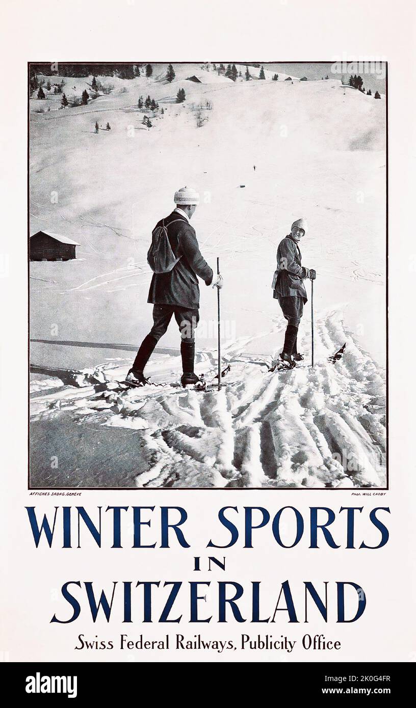 Poster voyage - will Cadby (photo) - SPORTS D'HIVER EN SUISSE - Schweiz, Suisse - chemins de fer fédéraux suisses - Poster chemin de fer Banque D'Images