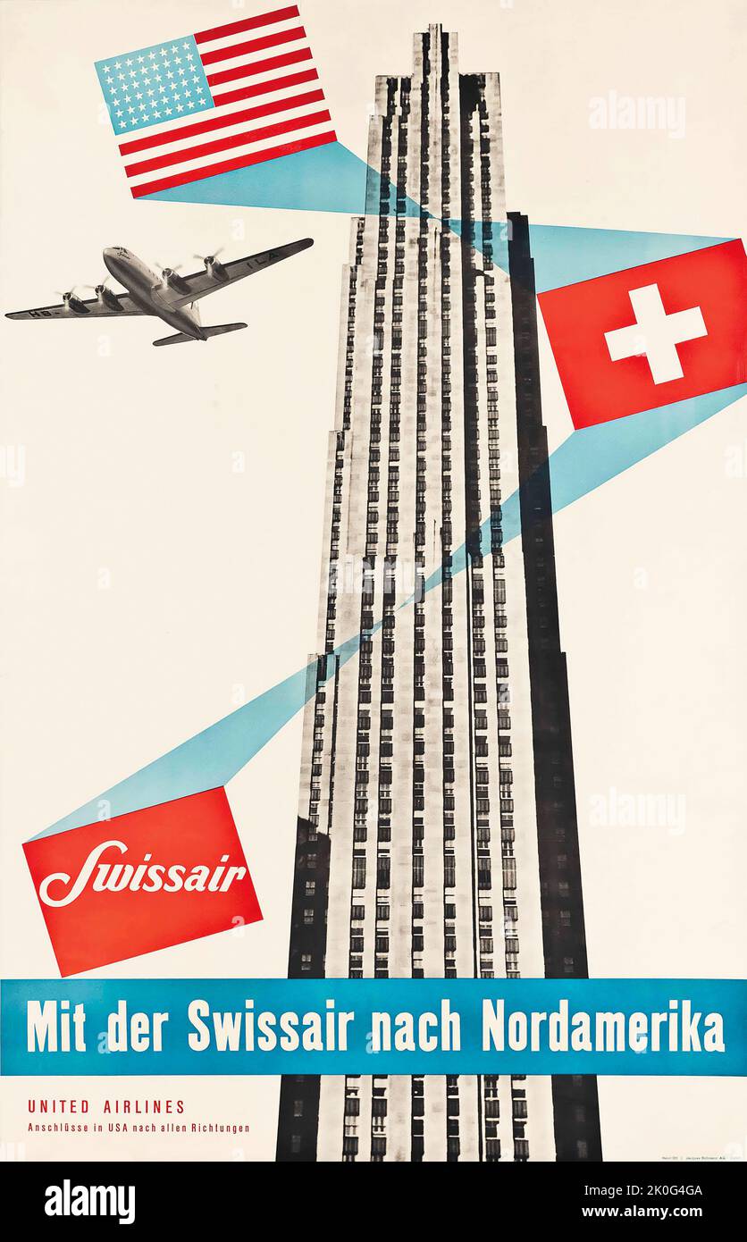 SWISSAIR NACH NORDAMERIKA, New York USA 1952 - Schweiz, Suisse, Suisse - affiche de voyage - Swiss Air to North America (New York). Banque D'Images