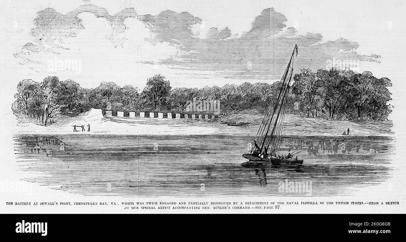 La batterie de Sewell's point, Chesapeake Bay, en Virginie, qui a été engagée à deux reprises et partiellement détruite par un détachement de la flottille navale des États-Unis, en juin 1861. Bataille de Sewell's point. Illustration de la guerre de Sécession américaine du 19th siècle tirée du journal illustré de Frank Leslie Banque D'Images