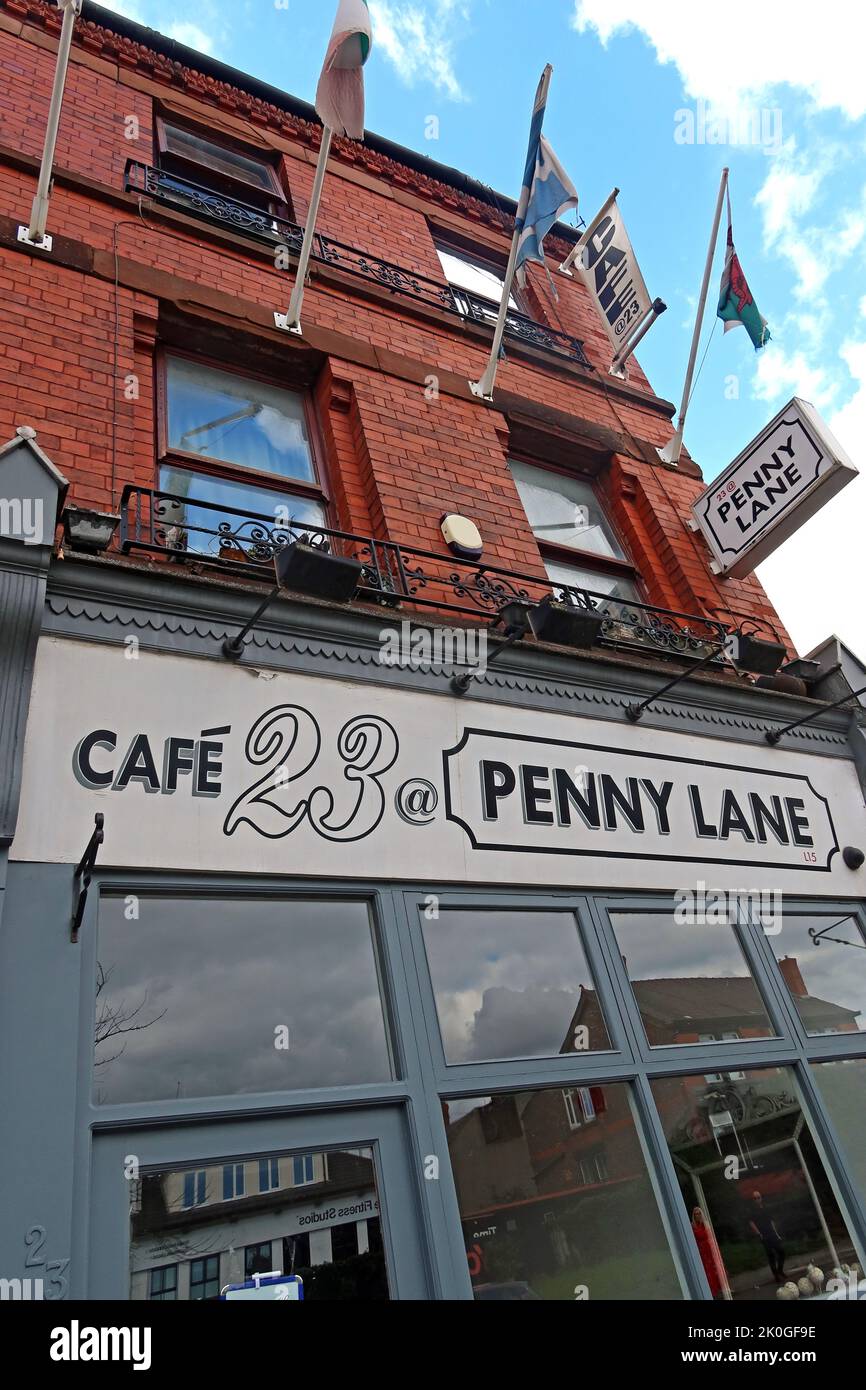 Cafe23 - 23@PennyLane - au sommet de Penny Lane, Liverpool, Merseyside, Angleterre, Royaume-Uni, L15 9EA Banque D'Images