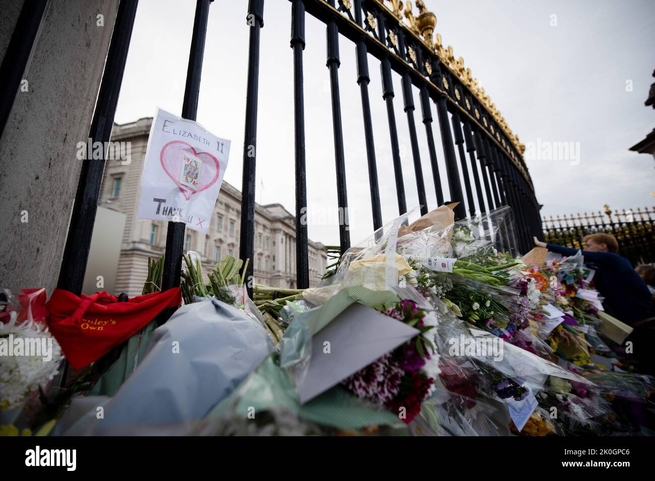 Londres, Royaume-Uni. 11th septembre 2022. Hommages de fleurs vus à l'extérieur de la porte du Palais de Buckingham. Des milliers de millions de personnes du monde entier continuent de venir au Palais de Buckingham pour rendre hommage à la reine Elizabeth II, qui était sur son trône depuis plus de 70 ans et est décédée le 8th septembre 2022. Crédit : SOPA Images Limited/Alamy Live News Banque D'Images