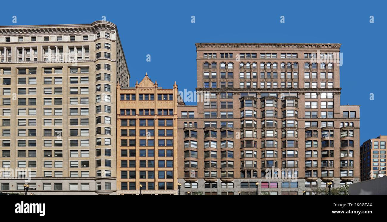 Chicago, façades de vieux bâtiments dans le Loop, tous construits au 19th siècle; Old Colony, Plymouth et Manhattan bâtiments Banque D'Images