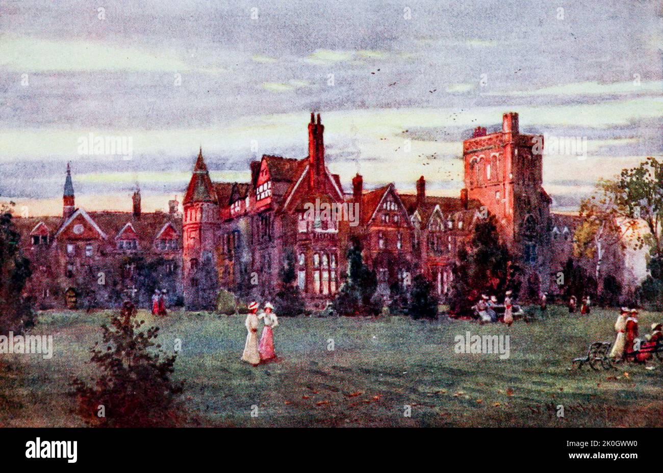Girton College Evening Cambridge ces bâtiments ont été conçus par M. Waterhouse. Ils sont en brique rouge, et ont été occupés pour la première fois en 1873 peint par William Matlison, 1853-1926 en 1907 Banque D'Images