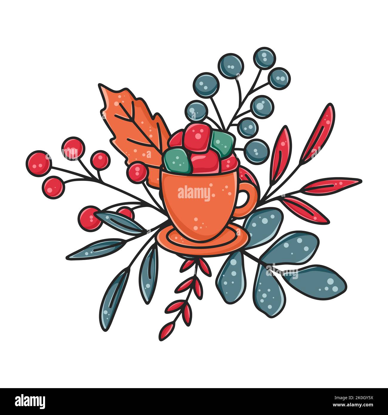 Composition chaleureuse de café d'automne ou d'hiver avec baies de guimauves et feuillage. Illustration vectorielle isolée pour réchauffer une boisson délicieuse. Le concept Illustration de Vecteur