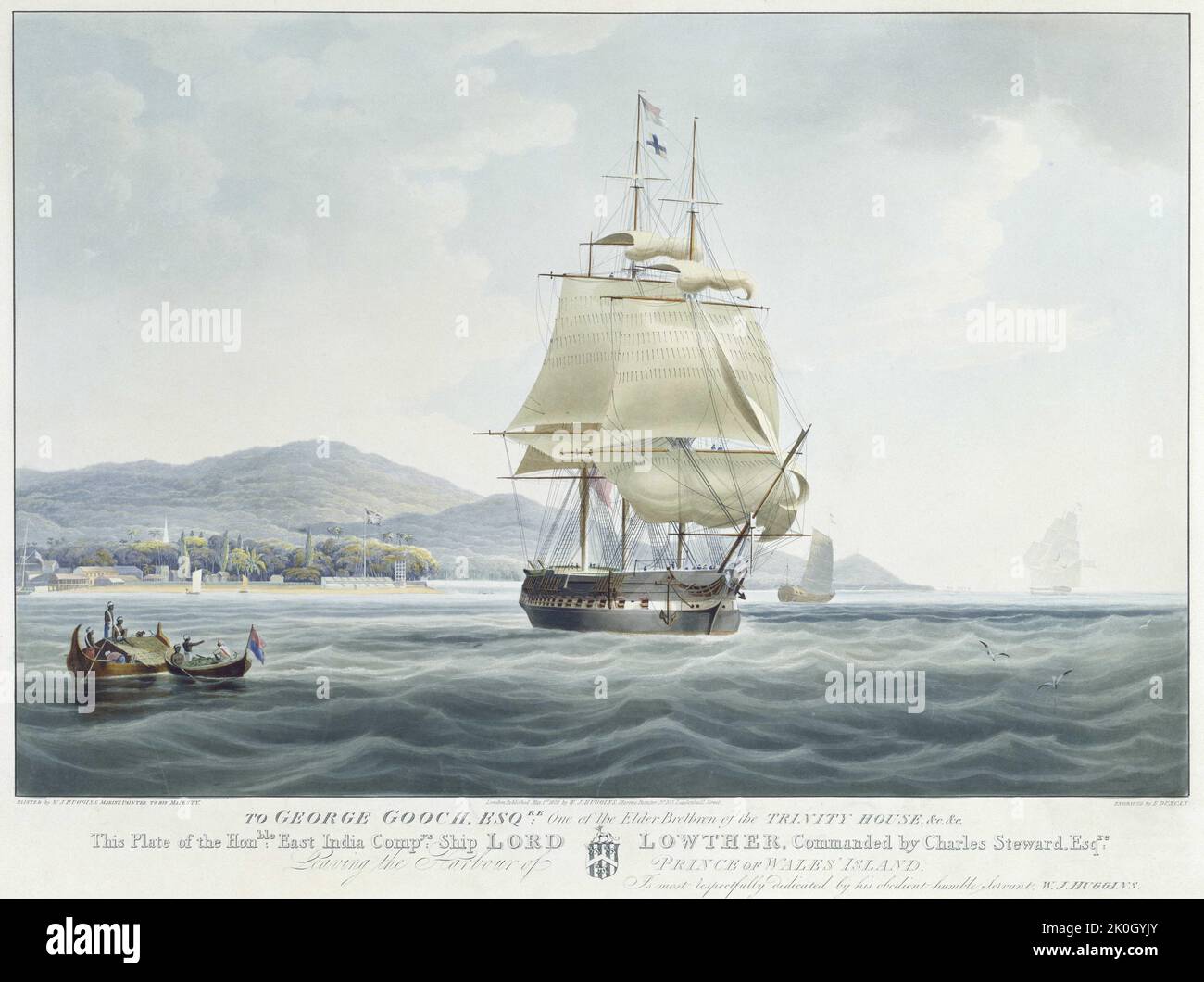 Seigneur du navire Lowther commandé par Charles Steward Esqr. Laissant le port de l'Île-du-Prince-de-Galles de couleur à la main et gravé par Edward Duncan après William John Huggins; Banque D'Images