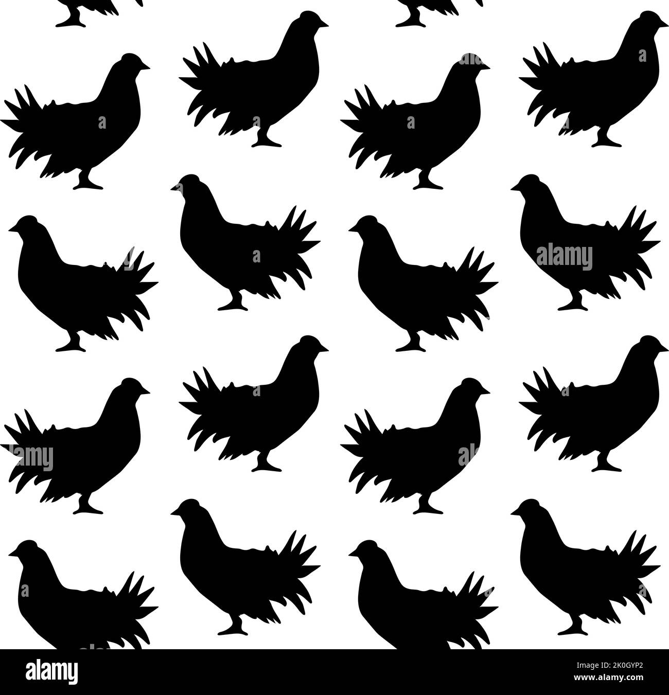 Motif vectoriel sans couture de silhouette d'oiseau à tétras dessiné à la main, isolé sur fond blanc Illustration de Vecteur