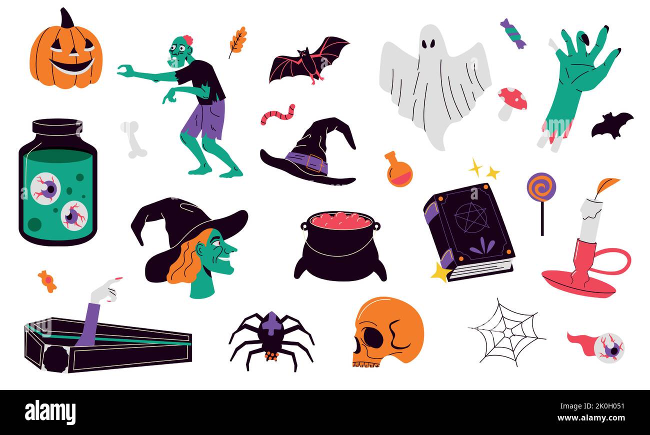 Collection Halloween. Mignon crainky éléments de dessin animé style plat, effrayant personnages drôles pour octobre fête affiche des autocollants de vacances. Ensemble vectoriel isolé Illustration de Vecteur