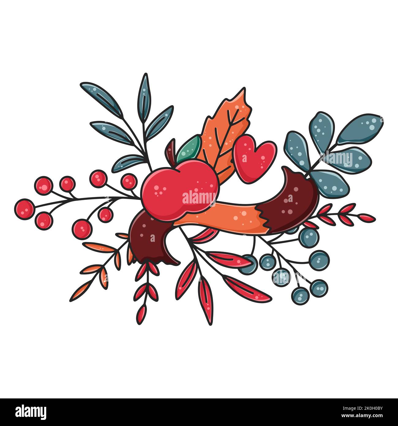 Composition confortable avec écharpe tricotée, pommes rouges et feuilles d'automne. Joli motif automnal numérique avec feuillage. Vecteur de décoration isolé dessiné à la main Illustration de Vecteur