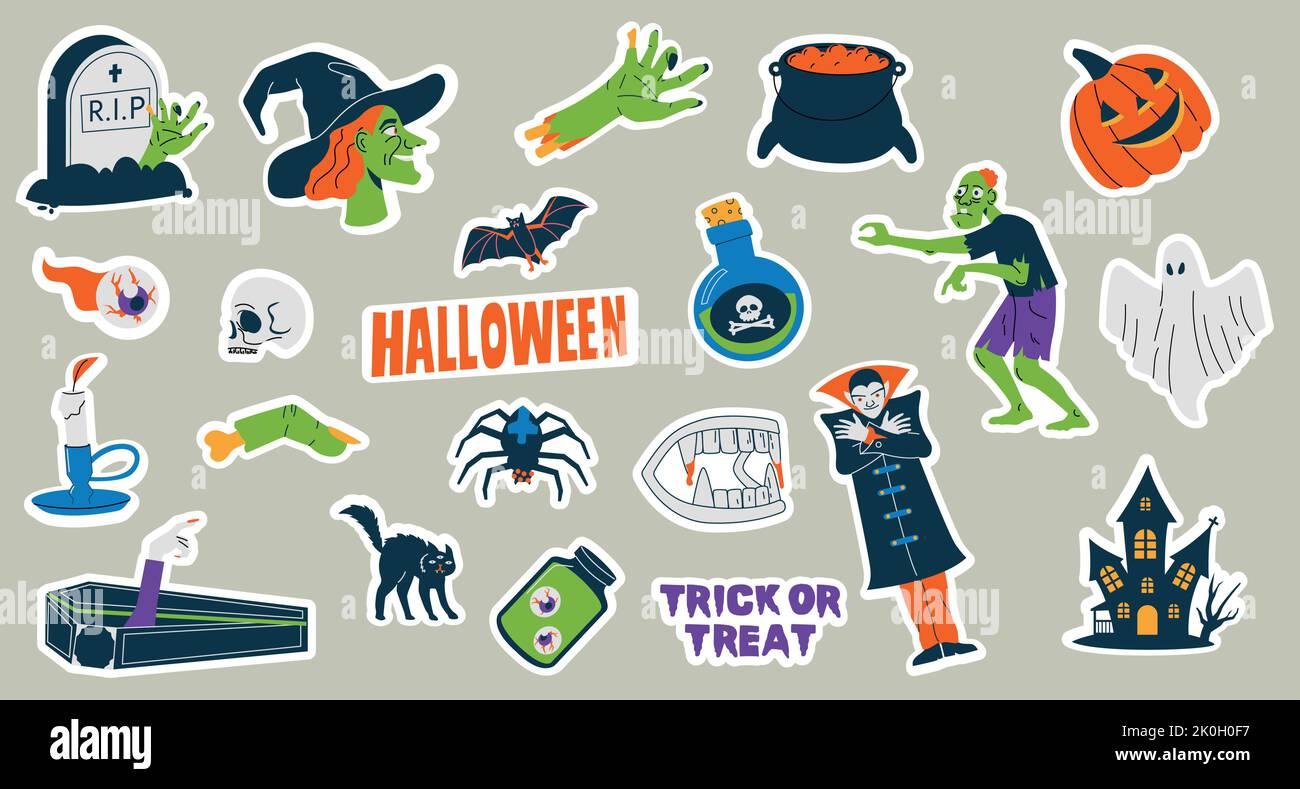 Autocollants Halloween. Mignon dessin animé personnages traditionnels effrayants, trick or gâteries décoration collection style plat, badges de célébration d'automne Illustration de Vecteur