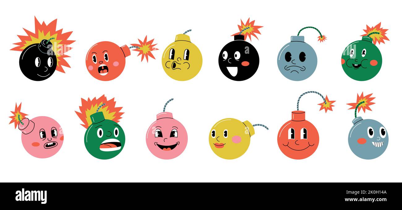 Personnage de bombe. Mascotte d'arme ronde explosive Doodle avec visages et expressions amusants de dessin animé rétro. Vecteur arme militaire et jeu d'outils explosifs Illustration de Vecteur
