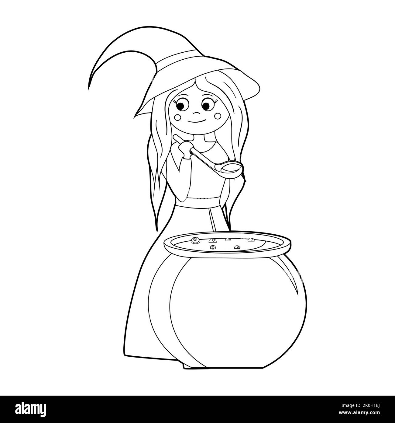 Livre de coloriage pour les enfants, sorcière de dessin animé cuit une potion dans un chou-fleur. Vecteur isolé sur fond blanc Illustration de Vecteur