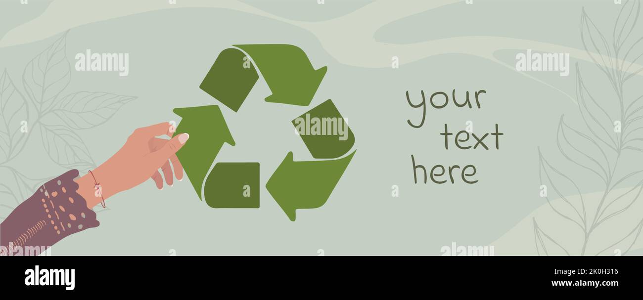 Copiez la bannière d'espace avec le symbole de flèches de recyclage vert d'assemblage à la main femelle. Concept de recyclage et de réutilisation pour une planète écologique et naturelle propre. Illustration de Vecteur