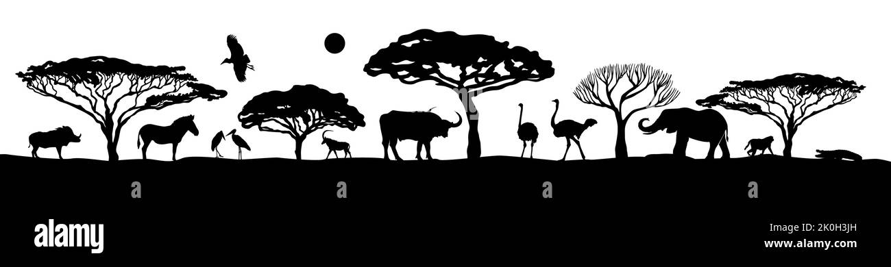 Paysage africain avec animaux. Une scène de paysage de silhouette d'animal de safari africain. Illustration vectorielle Illustration de Vecteur