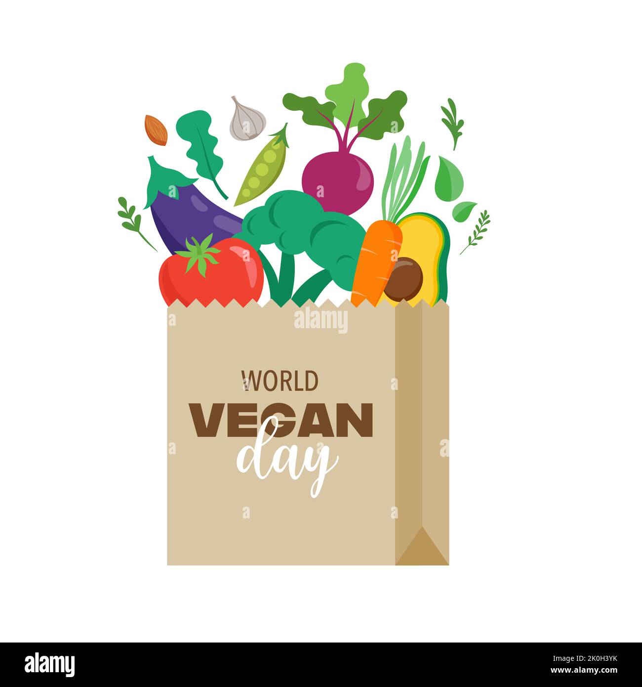 Journée mondiale de la Vega, concept Design. Sac en papier avec légumes, fruits, feuilles et noix. Pour les promotions sur les médias sociaux, les autocollants, les bannières et les cartes de vœux Illustration de Vecteur