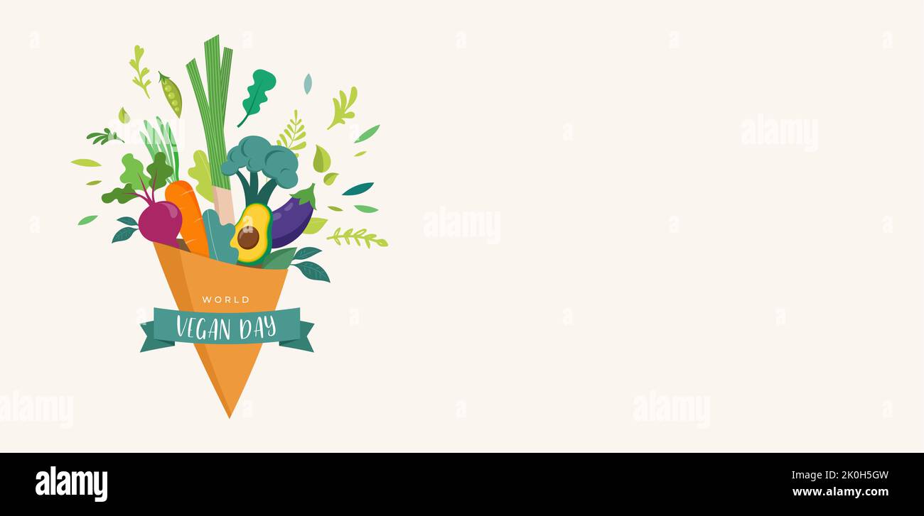 Journée mondiale de la Vega, concept Design. Bouquet de légumes, feuilles, fruits, feuilles et noix. Pour les promotions sur les médias sociaux, les autocollants, les bannières et les cartes de vœux Illustration de Vecteur