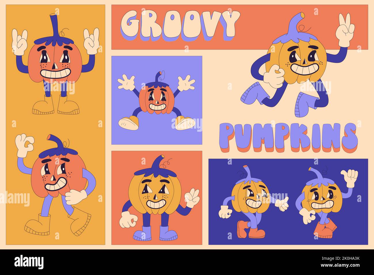 Groovy Halloween Pumpkins personnages de dessin animé. Ensemble d'illustrations vectorielles avec citrouilles dans un style de dessin animé rétro tendance Illustration de Vecteur