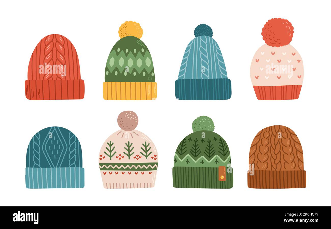 Ensemble de chapeaux d'hiver ou d'automne à motif vectoriel plat Illustration de Vecteur