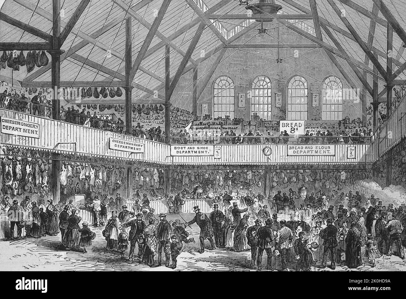 Die Markthalle im Stadtteil Whitechapel à Londres im Jahre 1869, Angleterre / la salle de marché dans le quartier de Whitechapel de Londres en 1869, Angleterre, Historisch, digital restaurierte Reproduktion einer Originalvorlage aus dem 19. Jahrhundert, genaues Originaldatum nicht bekannt / historique, numérique reproduction améliorée d'un original du 19th siècle Banque D'Images