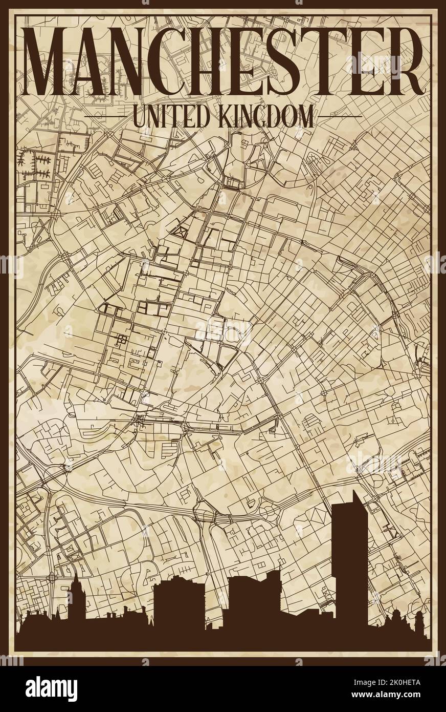 Carte imprimée du réseau des rues du centre-ville encadré de MANCHESTER, ROYAUME-UNI Illustration de Vecteur