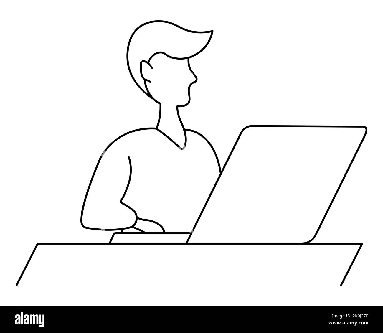 L'étudiant travaille sur un ordinateur portable. Esquisse. Illustration vectorielle. Un jeune homme s'assoit à une table devant un ordinateur portable ouvert et appuie sur les touches. Coloriage Illustration de Vecteur