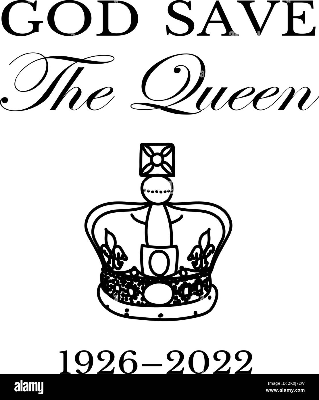 La mort de Queens. RIP, Dieu sauve la Reine. Affiche de repos dans la paix avec silhouette sur fond de drapeau. Illustration vectorielle pour sa Majesté sur ses 96 années de service 1926 - 2022 Illustration de Vecteur